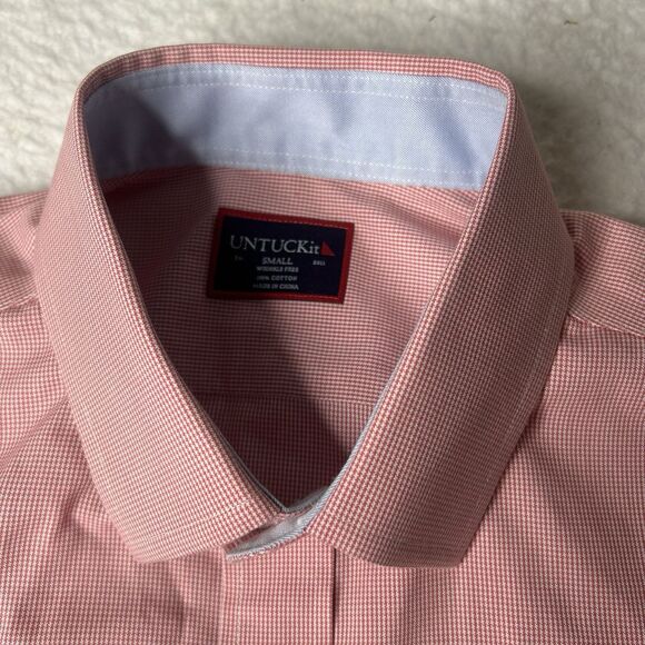 UNTUCKit Mens Shirt Small Houndstooth Red Salmon Long Sleeve Preppy Classic - Picture 4 of 8
